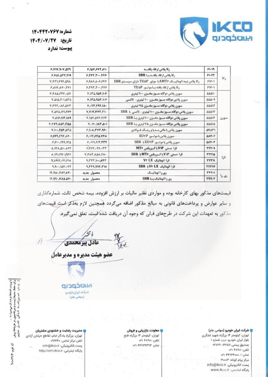 قیمت کارخانه محصولات ایران خودرو مهر 1404