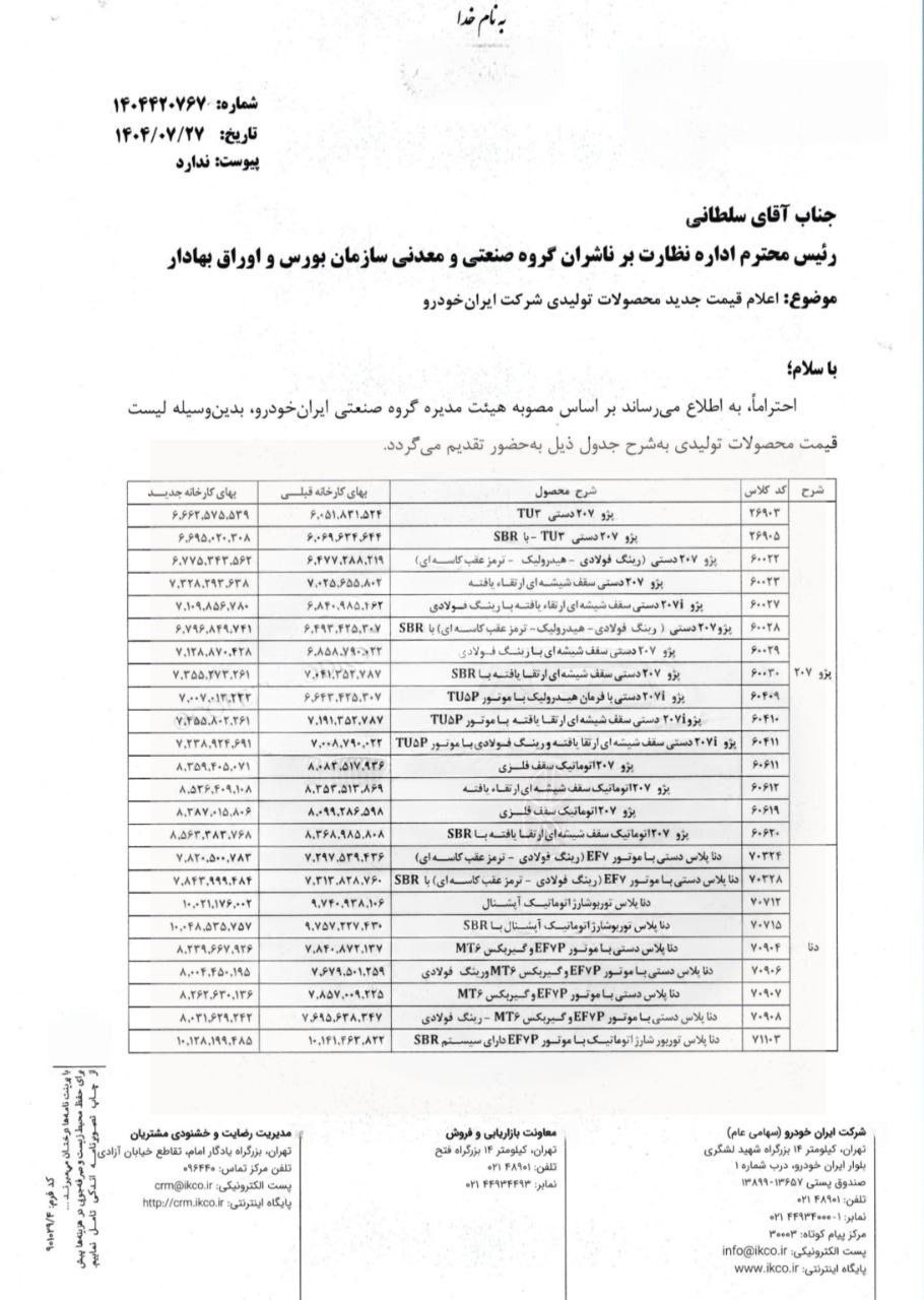 قیمت کارخانه محصولات ایران خودرو مهر 1404
